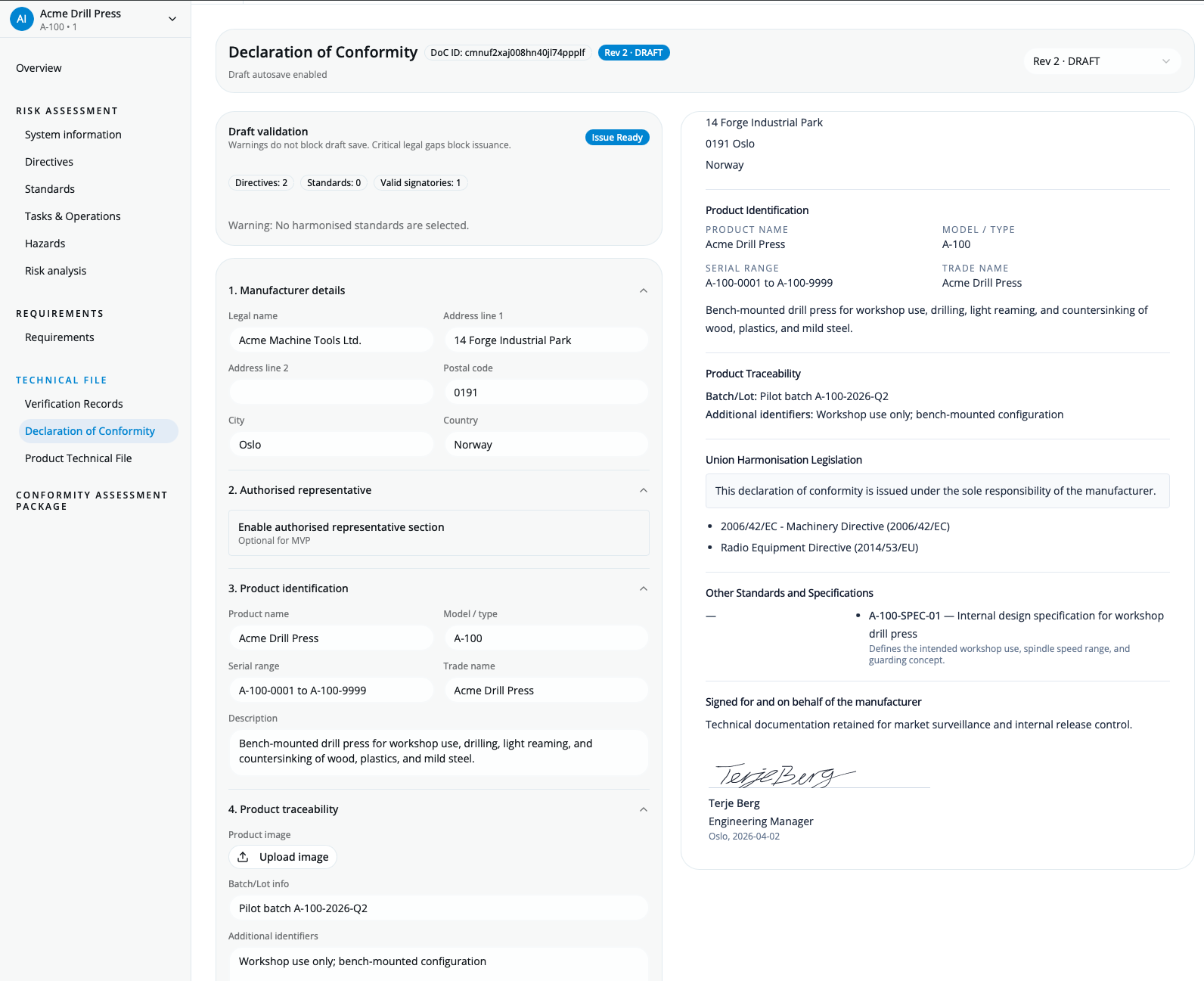 Technical file / DoC view