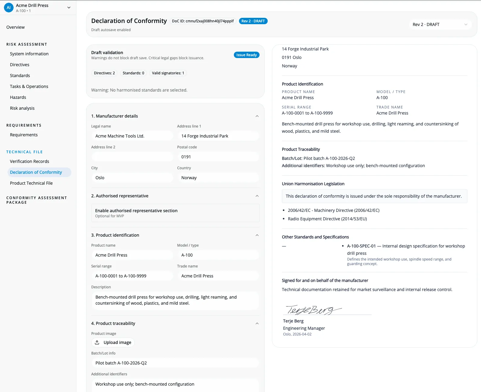 Technical file / DoC view