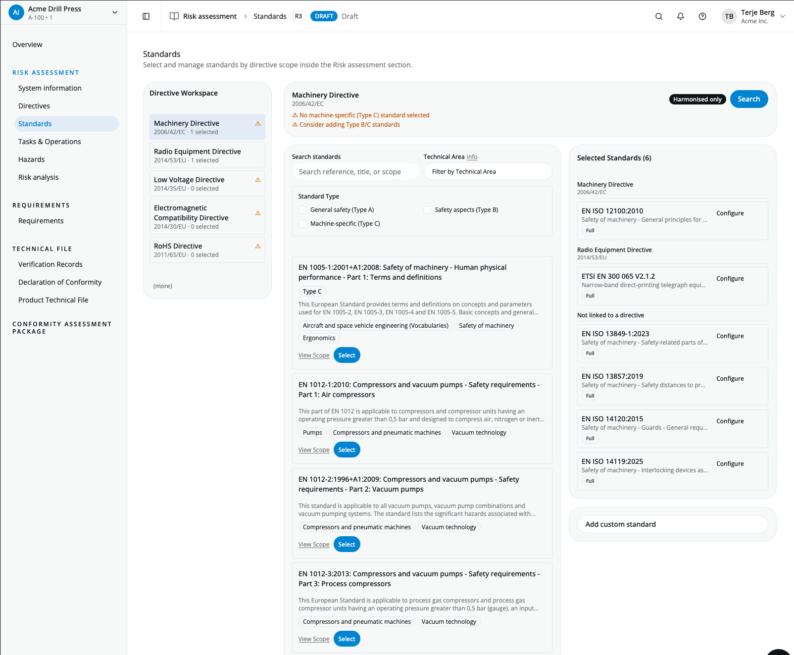 Standards selection view