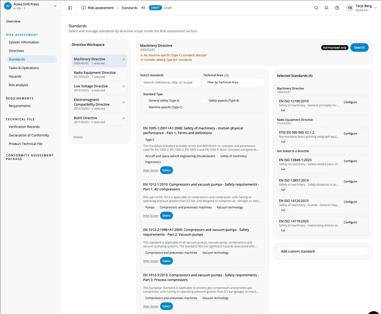 Standards selection view