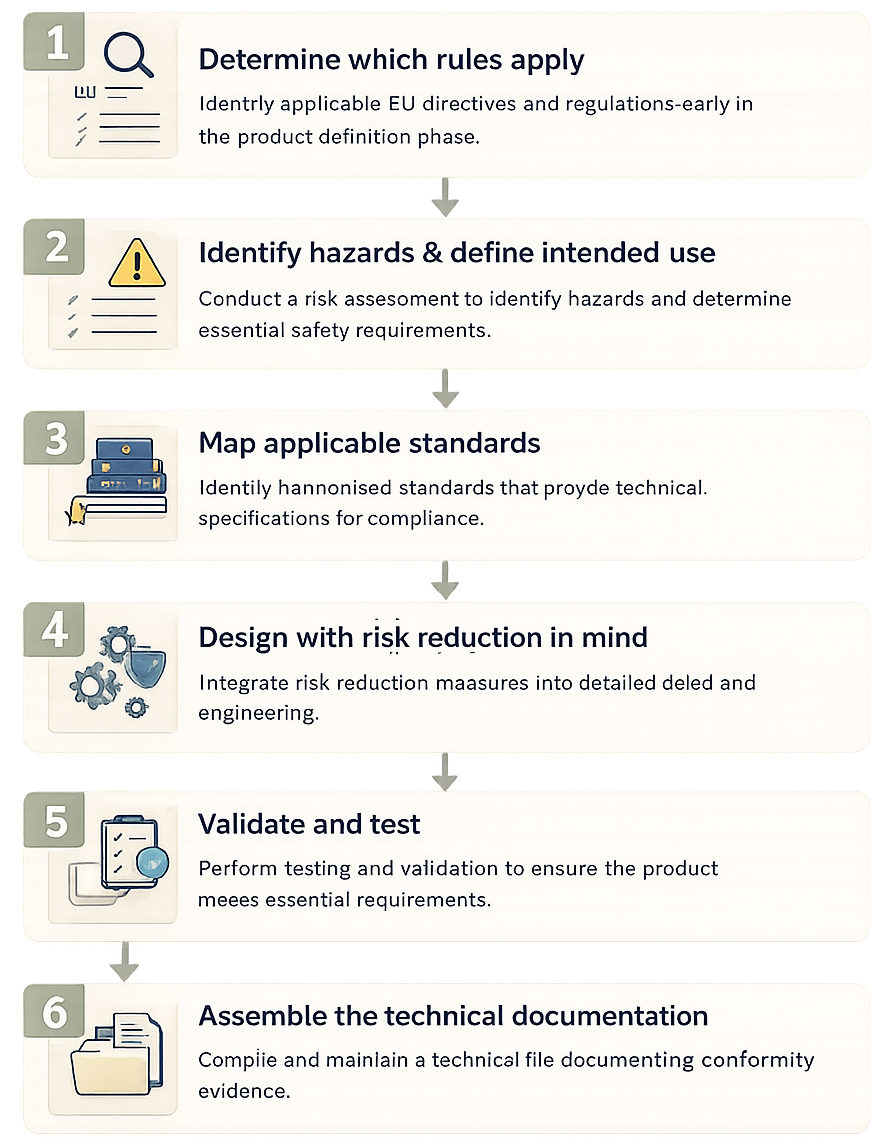 Conformity assessment workflow showing the path from applicable rules through risk assessment, standards, design, validation, technical documentation, and CE marking.