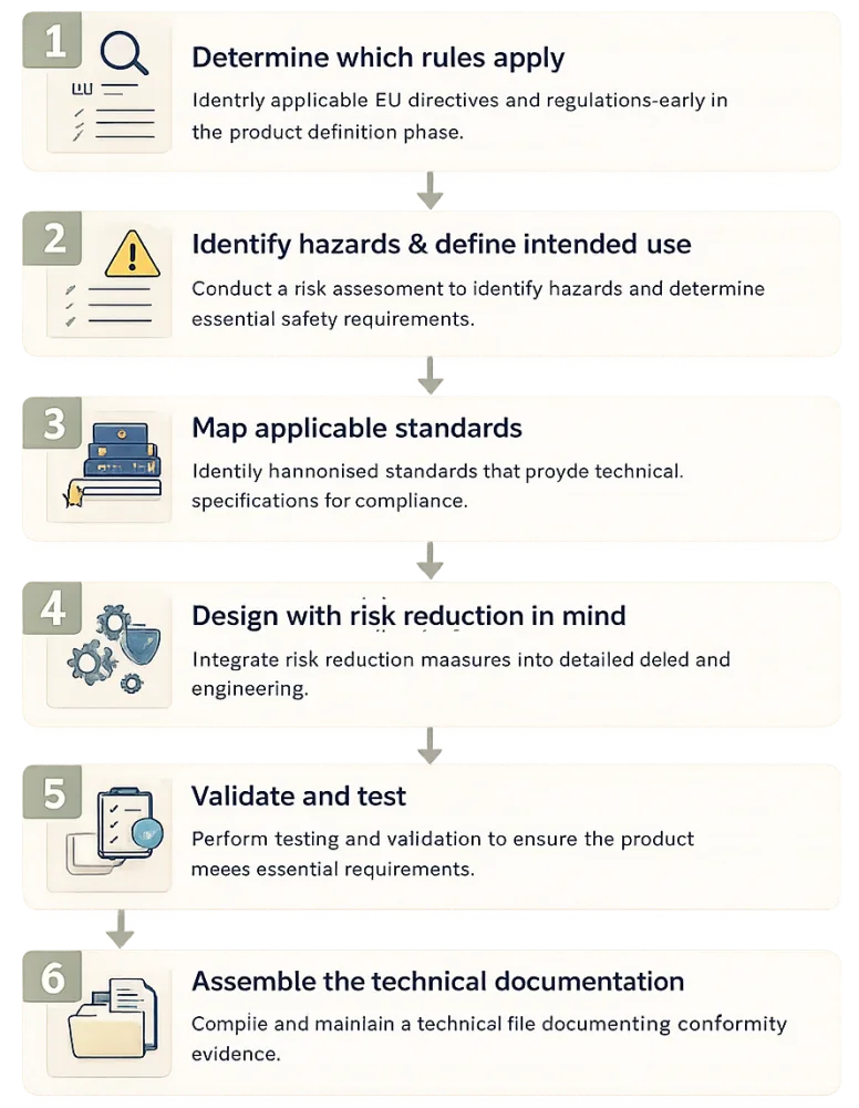 Conformity assessment workflow showing the path from applicable rules through risk assessment, standards, design, validation, technical documentation, and CE marking.