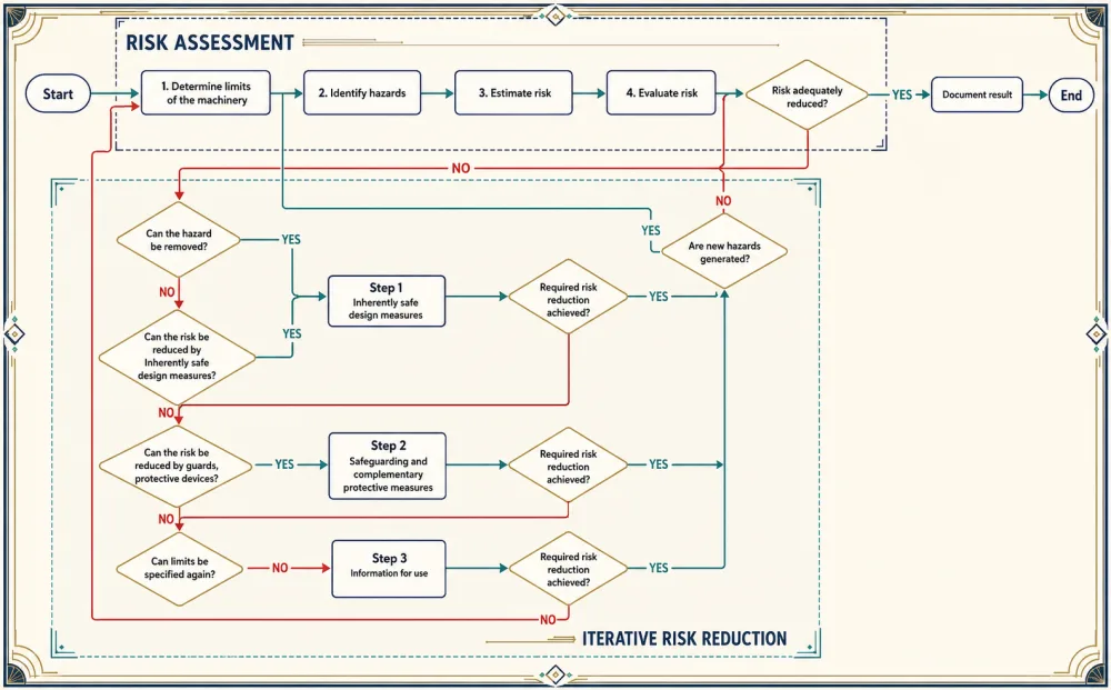 ISO 12100 risk assessment workflow showing the iterative path from defining machinery limits through hazard identification, risk estimation, risk evaluation, and risk reduction.